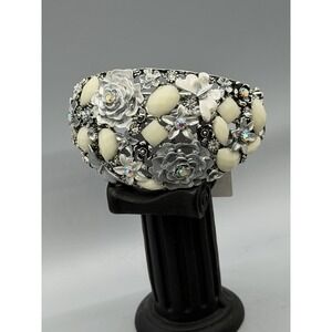 Floral Butterfly Silver Tone Statement  Bracelet AB Rhinestone  Acrylic Wide
